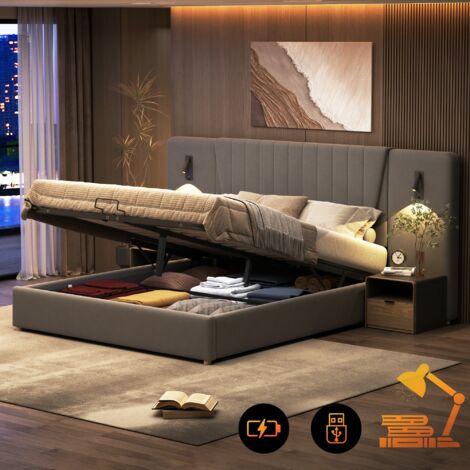 Lit coffre 180x200 cm, avec 2 lampe de lecture réglable, rangement, tête de lit extra long, USB, sommier à lattes en bois, cadre en métal, lit capitonné en velours - Gris