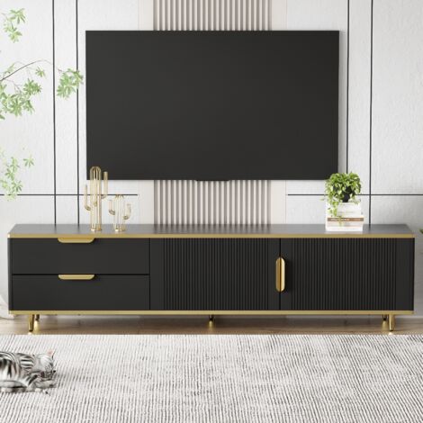 Meuble TV 175 cm, avec 2 tiroirs, 2 portes, Pieds et poignée en métal Doré, motifs sculptés, style Scandinave, Meuble de salon en bois - Noir (1/5)