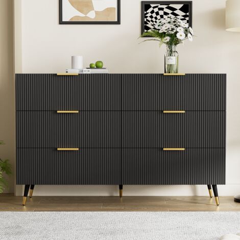 Commode 120 cm, avec 6 tiroirs, poignées dorées et pieds en métal, style Scandinave, Bahut en bois pour Salon, manger - Noir (1/5)