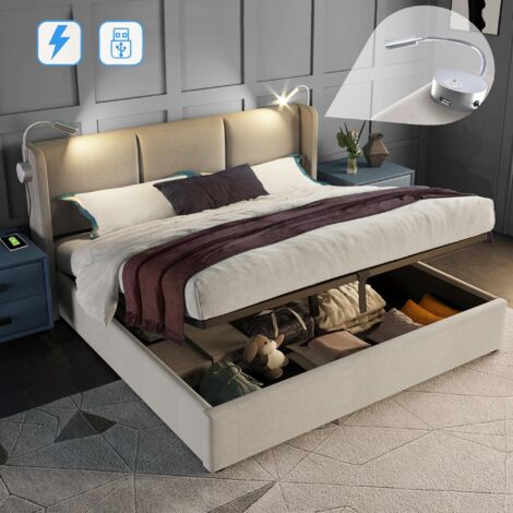 Dans Les Nuages – Lit coffre 160x200 cm – Lit double capitonné avec 2 lampes de lecture – Rangement hydraulique – Charge USB intégrée – Tissu lin (1/5)