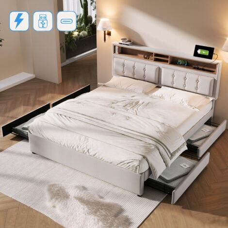 Lit double capitonné 140x200 cm, tissu Lin, avec fonction de charge USB et USB C, 4 tiroirs, sommier à lattes, lit adulte style moderne - beige (1/5)