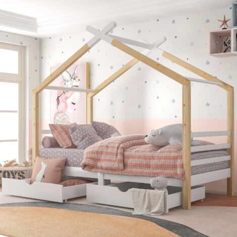 Lit cabane 90x200 cm, avec 2 tiroirs, sommier à lattes, Lit enfant en bois, style scandinave - blanc