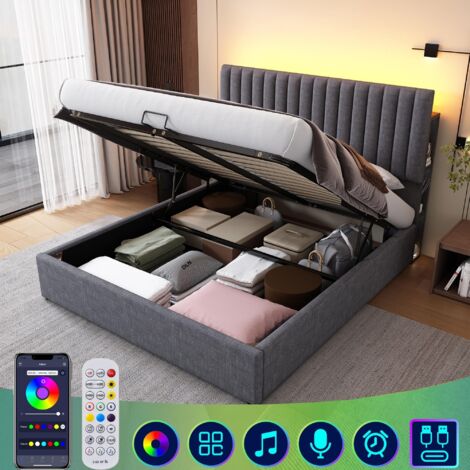 Lit coffre capitonné 140x200 cm, avec éclairage LED, tissu Lin, hydraulique espace de rangement, port USB, tête de lit ajustable, commande d'application - gris (1/5)