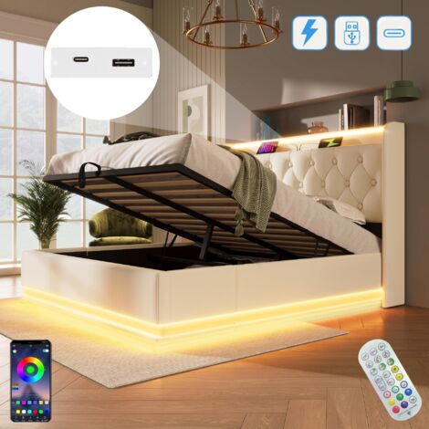 Lit coffre 140x200 cm, avec éclairages LED, hydraulique de rangement, USB charge, cadre en métal, sommier à lattes en bois, lit double capitonné en lin - Beige (1/5)