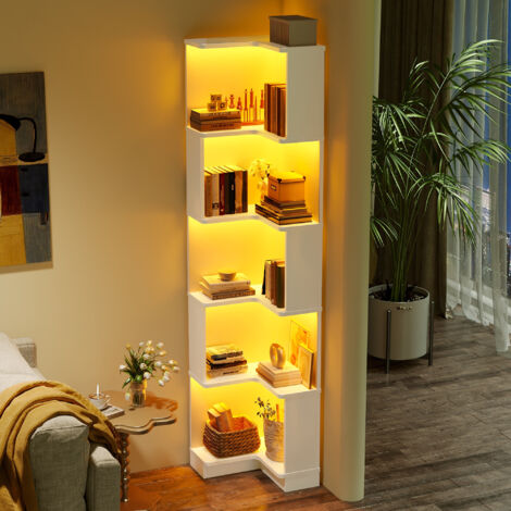 Bibliothèque d'angle multifonction, étagère en L avec bande LED changeant de couleur, contrôle à distance/App, 5 niveaux de rangement, 63,5x45x175 cm - Blanc (1/5)