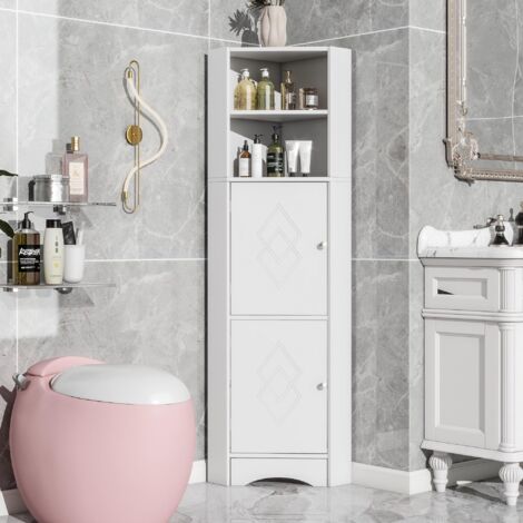 Meuble Salle de Bain 155 cm armoire d'angle avec 2 portes et étagères réglables, commode de salle de bain en bois, blanc (1/5)