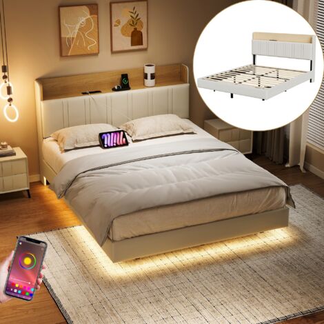 Lit double 140x190 cm, lit adulte avec éclairage LED, pieds de lit cachés, tête de lit de rangement et double port USB, sommier à lattes en bois - Beige et chêne clair