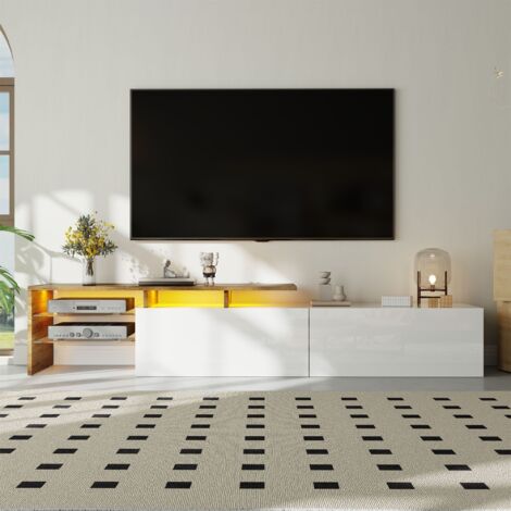 Meuble TV 170 cm, Banc télé Style Moderne avec Éclairage LED, 2 Tiroirs de Rangement et 2 Étagères en Verre, Design Élégant en Blanc Brillant et Bois (1/5)