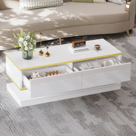 Table Basse fixe 100x50x38 cm, Design Modern Haut Brillant avec 2 Tiroirs de Rangement et Bord Doré, Table de Salon - Blanc (1/5)