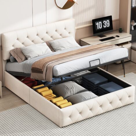 Nmonet – Lit coffre 140x190 cm – Velours beige capitonné – Sommier à lattes bois massif – Tête de lit réglable – Structure métal