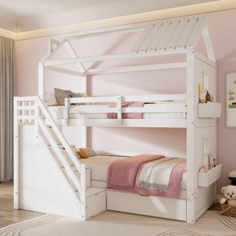 Lit superposé 90x200 cm, avec tiroir, escalier de rangement, étagères, sommier à lattes, clôture de sécurité, lit enfant en forme de maison - Blanc (1/5)