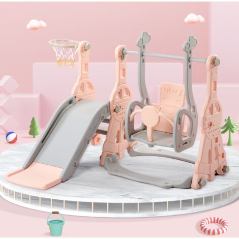 Toboggan pour enfants 4 en 1, support de basket, balançoire, escalier d'escalade, adapté à l'intérieur et à l'extérieur, toboggan de jardin - Rose