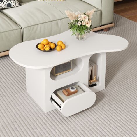 Table basse fixe avec tiroirs - Table basse en forme de nuage avec compartiments ouverts, table basse pour salon, 97x45x43,5 cm - Blanc (1/5)