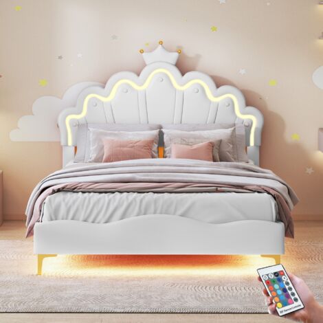 Lit simple 140x200 cm, avec LED, tête de lit de couronne, télécommande, sommier à lattes en bois, lit princesse capitonné en Similicuir - Blanc (1/5)