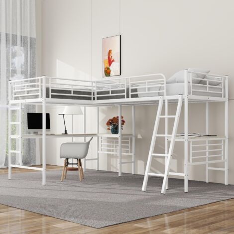Lit mezzanine 90x200 cm en métal, avec bureau, étagère, 2 escalier, sommier à lattes, 2 couchages, cadre en métal, Lit enfant - Blanc