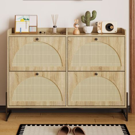 Meuble à chaussures 120 cm style rustique en finition bois, avec 4 portes en ratten, étagère réglable, pour 24 pairs – Meuble de rangement moderne pour hall d'entrée, couloir