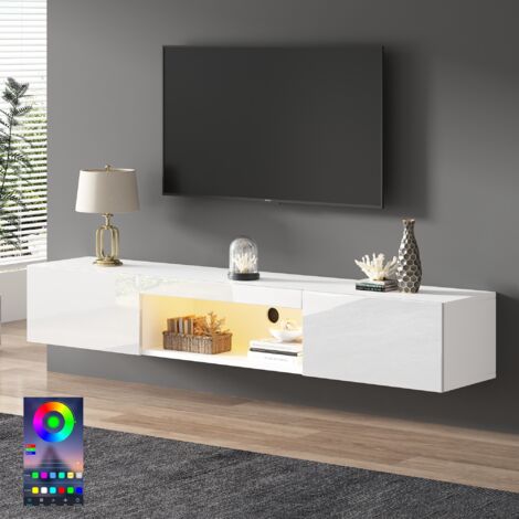 Meuble TV suspendu 160 cm, avec éclairage LED, 2 tiroirs, Bluetooth, compartiment, app, rectangulaire, meuble salon en bois - Blanc (1/5)
