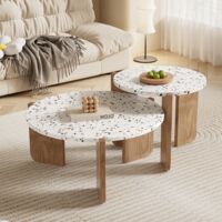Dans Les Nuages – Lot de 2 tables basses gigognes rondes 70 cm – MDF durable et pieds en bois – Design moderne pour salon – Marron