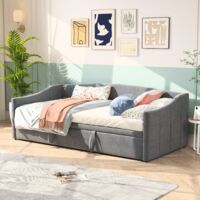 Dans Les Nuages – Lit gigogne extensible 90x190 cm/180x190 cm – Sommier à lattes en bois – Cadre métal – Velours gris moderne pour enfants et adultes
