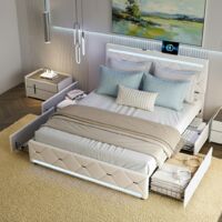 Lit avec 4 tiroirs 140x190 cm, lit capitonné en velours, avec rangement, LED et ports USB, sommier à lattes en bois, cadre en métal, style moderne - Beige