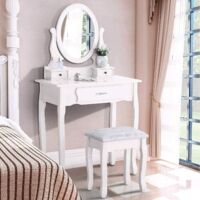 Dans Les Nuages – Coiffeuse enfant en bois blanc avec miroir ovale 360° – 3 tiroirs spacieux – Dimensions 75x40x136 cm – Tabouret en bois sculpté