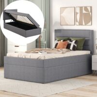 Lit simple avec rangement 90x200cm - Lit coffre, sommier à lattes en bois, tissu lin, lit rembourré - Gris