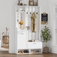 Portemanteau 6-en-1 100x30x180 cm avec 8 Crochets, Banc, Meuble à Chaussures avec Coussin, 2 Tiroirs et Port – Ensemble de Meuble d'Entrée, Blanc