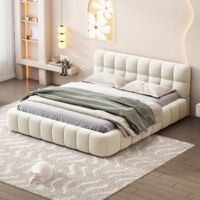 Lit double capitonné 140x200cm, lin, sommier à lattes en bois massif, entièrement rembourré, style scandinave - Beige