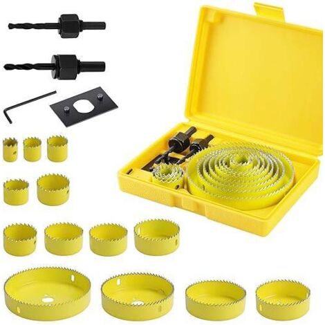 Kit de 17 sierras de corona bimetálicas de acero al carbono, de 19 a 127 mm, en estuche para madera, placas de yeso y paneles de yeso, amarillo, profundidad de corte de 25 mm