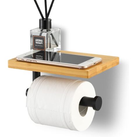 Portarrollos de papel higiénico con estante de bambú, acero inoxidable SUS304, montaje en pared, instalación con tornillos o adhesivo 3M, color negro