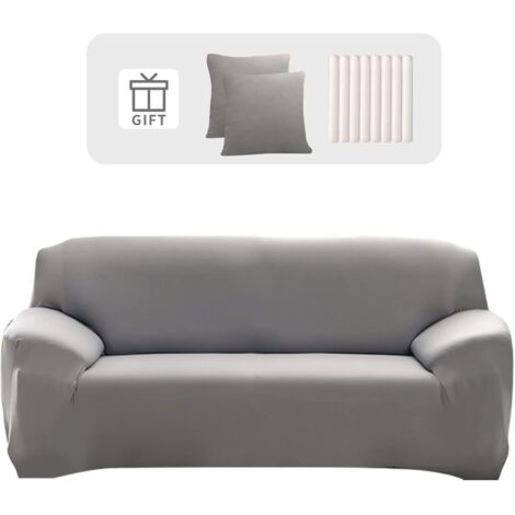 Funda de sofá de 3 plazas 195-230 cm - Extensible con reposabrazos - Gris - Juego de 2 fundas de cojín - Universal