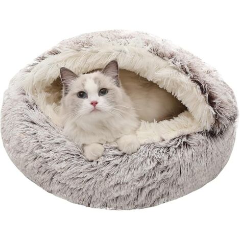Cama para gatos de Ø50 cm, saco de dormir para gatos de menos de 7 kg, suave y cálido, con forma de donut, lavable, de pelo largo, color café.