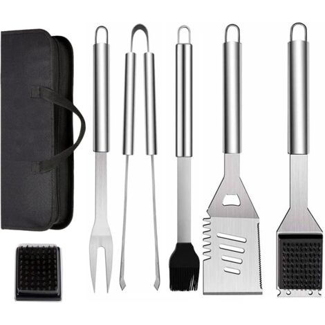 Juego de 7 utensilios de acero inoxidable para barbacoa con bolsa de transporte, espátula, pinzas y tenedor. Accesorios para barbacoa, cocina y acampada al aire libre