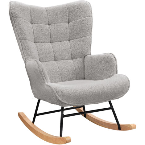 Fauteuil à bascule confortable en velours teddy – Dossier haut et accoudoirs rembourrés – Pieds en bois massif – Gris clair–  575x53x93 cm