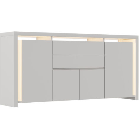 Buffet de Cuisine avec LED,Bahut de Salle à Manger,Meuble de Rangement avec 4 Portes et 2 Tiroirs,Buffets Bas Moderne pour Salon, Cuisine et Entrée, Design Haut Brillant,Blanc,160x35x75cm
