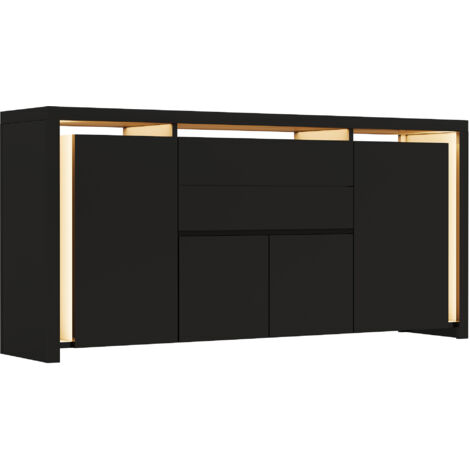 Buffet Salon avec LED,Bahut de Salle à Manger,Meuble de Rangement avec 4 Portes et 2 Tiroirs,Buffets Bas Moderne pour Salon, Cuisine et Entrée, Design Haut Brillant,Noir,160x35x75cm