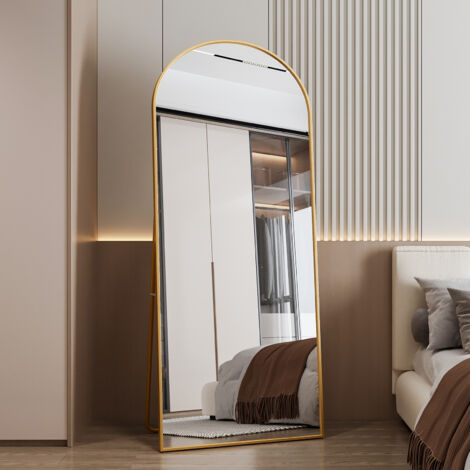 Miroir sur pied 180x80 cm – Miroirs de sol arqué avec cadre en aluminium doré – Accrochage mural ou sur pied – Pour salon, chambre, salle de bain