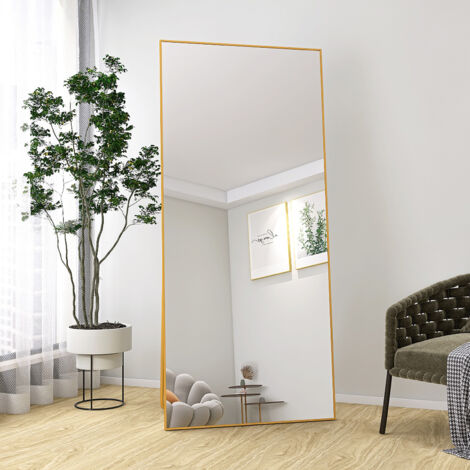 Miroir sur pied 180 x 80 cm – Cadre aluminium minimaliste – Miroir mural à poser ou suspendre – Design moderne pour salon et chambre– Couleur doré