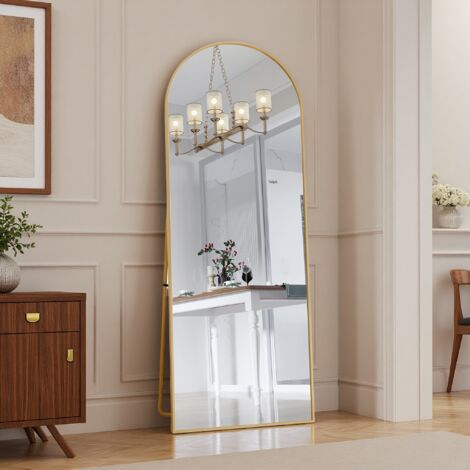 Miroir sur pied 162x53 cm – Miroir arqué sur toute la longueur – Cadre en métal – Support en U pour placement libre – Couleur doré