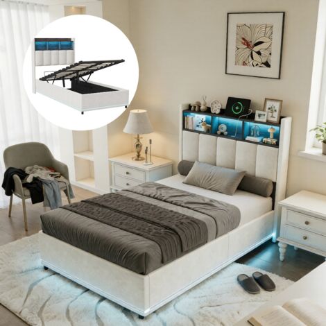 Lit coffre simple 90x200cm, Lit enfant 90x200 avec rangement et Tete de lit rangement, Cadre de lit 90x200 avec sommier à lattes, Velours Beige, sans Matelas (1/5)