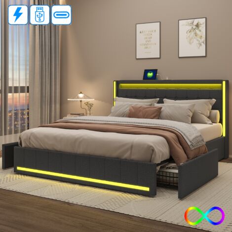 Lit 140x200 avec sommier LED et USB, Lit double 140x200 avec 4 Tiroirs de rangement, Lit 2 Personnes avec tete de lit et sommier à lattes, Cadre de lit capitonné en lin gris