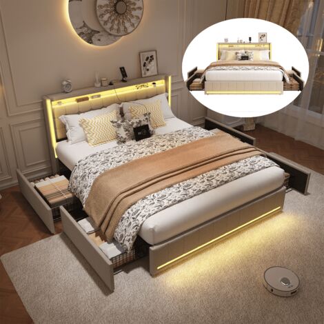 Lit 160x200 avec sommier LED et USB, Lit double 160x200 avec 4 Tiroirs de rangement, Lit 2 Personnes avec tete de lit et sommier à lattes, Cadre de lit capitonné en lin beige