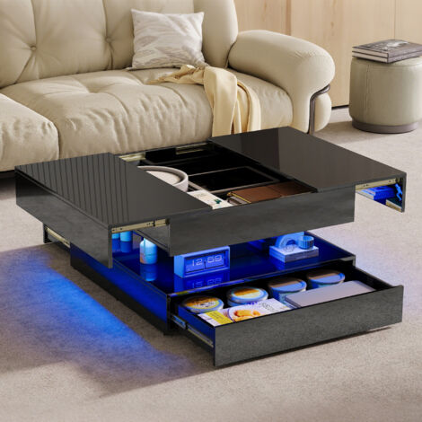 Table Basse LED - Moderne Table basse  avec 2 Tiroirs  - casier dissimulé avec couverture pliante pour le salon  - 78x78x43 cm - Noir