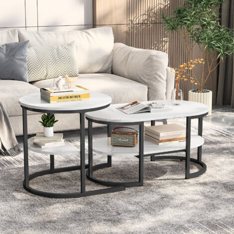 Tables basses gigognes lot de 2, plateau imitation marbre, structure en métal, avec espace de rangement, convient pour salon, chambre,style scandinave - Noir