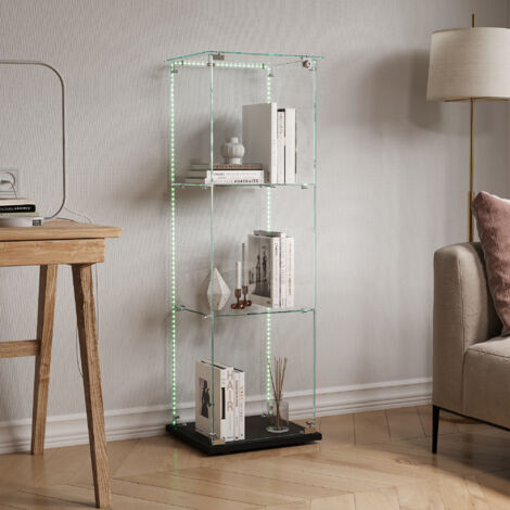 Vitrine en verre éclairée LED 42x35x123 cm, Vitrines pour collection avec porte et 3 étagères, porte simple, autoportante, pour salon, chambre, bureau - Noir