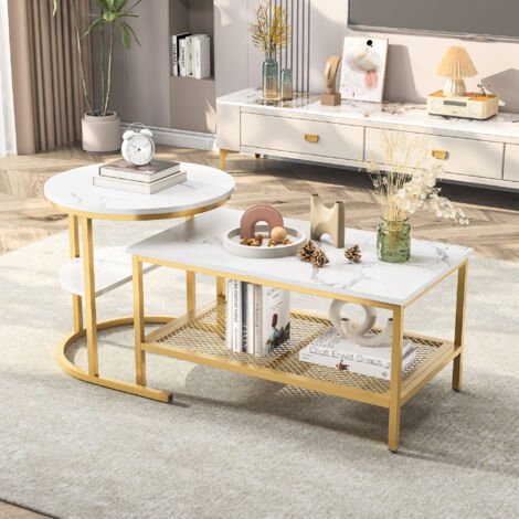 Tables Basses Gigognes Lot de 2, Table Gigogne Design Marbre, Cadre en Métal Doré, Table Basse Salon Rectangulaire, Table d'Appoint Ronde pour Canapé, Salon, Chambre