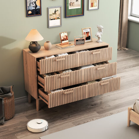 Commode 100cm, rectangulaire, avec 6 tiroirs de rangement, poignées et pieds en bois, campagnard, meubles de salon - 100x34x73 cm,Bois naturel