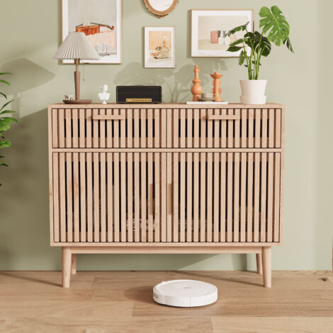 Buffet Bas en Bois Massif 100x35x80 cm, avec 2 Tiroirs et Portes, Design Pratique, Finition Bois Naturel, Idéal pour Salon et Salle à Manger