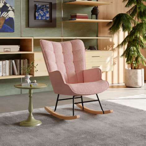 Fauteuil à bascule en velours rose – Dossier haut et accoudoirs rembourrés – Mousse haute densité – Pieds en bois massif – 75x53x93 cm