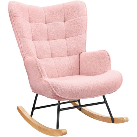 Fauteuil à bascule confortable en velours teddy – Dossier haut et accoudoirs rembourrés – Pieds en bois massif – rose–  575x53x93 cm